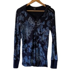 Black Hoodie with Blue Flower Pattern, Size Large